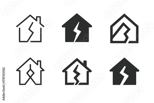 Property Damage Logos. Property damage risk. Set Logo of Property damage risk: house with fracture line. harmonious logo variations of the same emblematic