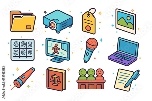 Colorful Courtroom Icons. Courtroom evidence presentation. Colorful isometric vector icons set of Courtroom evidence presentation: evidence folder, digital