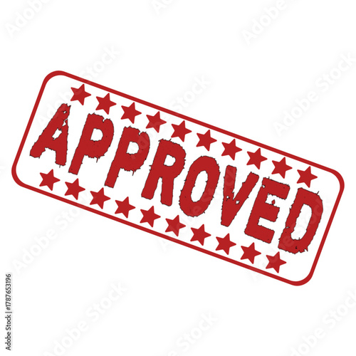 A red approved stamp with a border of stars on a white background angled to the upper right side