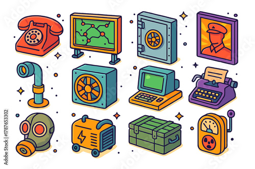Cold War Bunker Icons. Cold war bunker. Colorful isometric vector icons set of cold war bunker: rotary phone, map board, steel door, propaganda poster,
