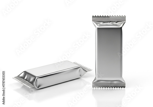 Two silver foil snack bars, blank for branding and product presentation
