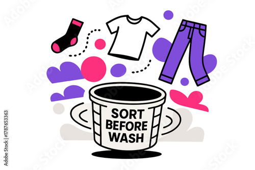 Playful Laundry Prep. Laundry Prep Routine. Socks, tees, and jeans hover in midair lines above a spinning basket labeled ?Sort Before Wash.? Dotted motion arcs