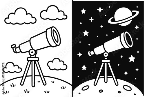 Earth and Space Contrast. Ground vs space comparison children?s coloring book illustration, outlined drawing, a split scene showing a telescope under clouds on