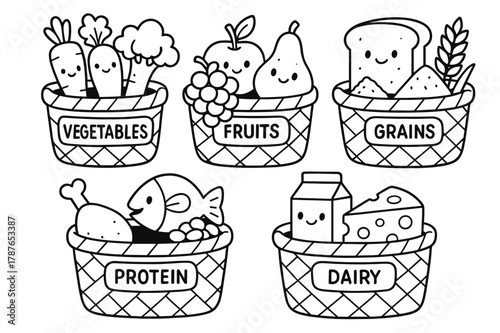 Kids' Nutrition Coloring Book. Food groups basics children?s coloring book illustration, outlined drawing, five cute baskets labeled vegetables, fruits,