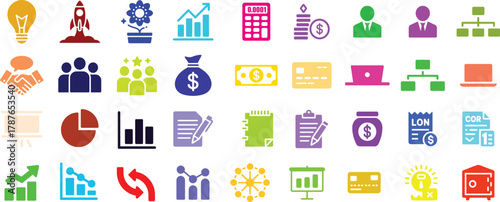 Collection of business and finance themed icons representing various concepts like growth and money management