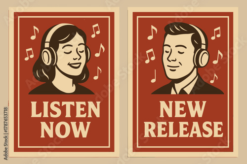 Retro Music Banners. Listeners. Two vertical A6 banners with safe margins, centered composition, no elements touching edges, retro, red and beige, music notes,