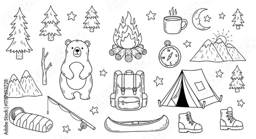 Hand-drawn camping elements pattern with bear, tent, mountains and other camping accessories