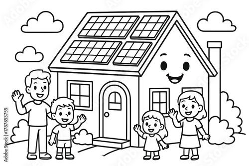 Solar House Coloring Page. Rooftop solar home children?s coloring book illustration, outlined drawing, a friendly house with solar panels on the roof and a