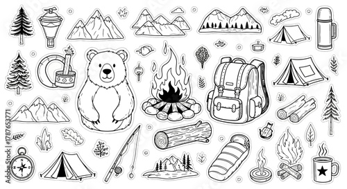 Hand-drawn camping elements, outdoor adventure cliparts collection in doodle style