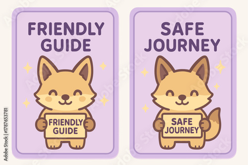 Kawaii Jackal Banners. Gentle Protector. Two vertical A6 banners with safe margins, centered composition, no elements touching edges, kawaii, lavender and