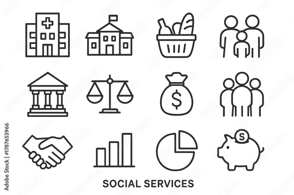 Fototapeta premium Social Services Icon Set. Social services. Line icon set of social services: hospital, school, food basket, family, government building, scale balance, money
