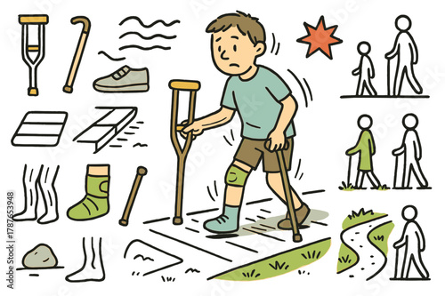 Careful Stride Illustration. Careful walking. Hand-drawn doodle illustration person walking (colored), uneven stride (colored), crutch (colored),