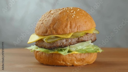 Close up zoom shot of large appetizing burger grilled steak. vegetables,