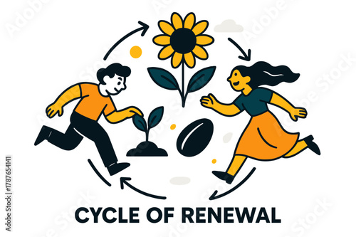 Cycle of Renewal. Seeds ? Seasonal Cycle. Circular composition of sprout > flower > seed; small arrows trace time?s rhythm. Tag ?cycle of renewal?. Modern flat