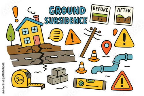 Ground Subsidence Doodle. Ground subsidence. Colorful Hand-drawn doodle Children illustration Ground subsidence tilted house, cracked road, leaning utility