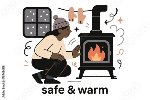 Warm Winter Refuge. Keeper of the Hearth ? Winter Shelter. Snow taps the window while the stove glows; mittens dry on a simple line. Caption ?safe & warm?.