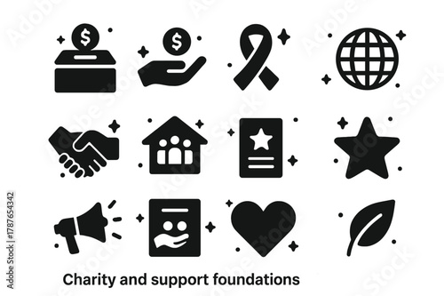 Charity Icons Grid. Charity and Support Foundations. Solid icons set of Charity and Support Foundations: donation box, coin hand, charity ribbon, globe,