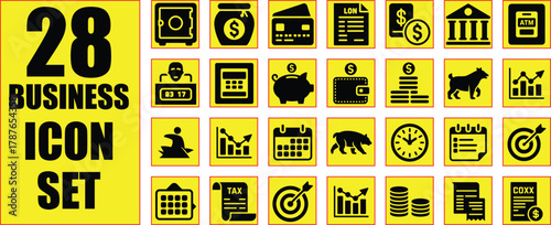 Comprehensive Business Icon Set Featuring Twenty Eight High Quality Pictograms Depicting Finance Banking and Investment Concepts for Modern Applications