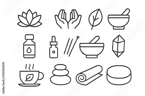 Alternative Therapy Icons. Alternative therapy. Line icon set of alternative therapy: lotus, caring hands, leaf, mortar and pestle, essential oil bottle,