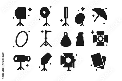 Fashion Studio Lighting Icons. Studio Lighting for Fashion. Solid icons set of Studio Lighting for Fashion: softbox, beauty dish, strip light, umbrella,
