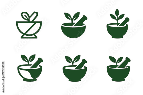 Herbal Foraging Logos. Herbal foraging. Set Logo of Herbal foraging: mortar and pestle with sprig. harmonious logo variations of the same emblematic concept,