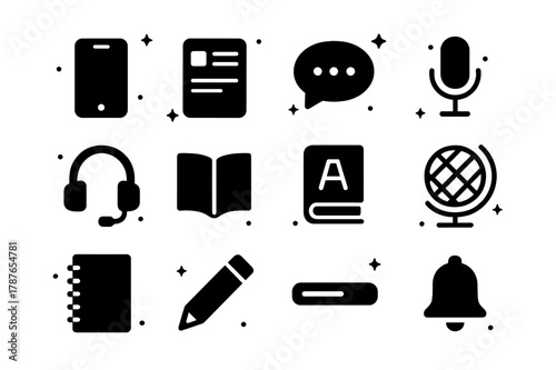 Study Tools Icons Set. Study Tools. Solid icons set of Study Tools: smartphone, app interface, chat bubble, microphone, headset, book, dictionary, globe,