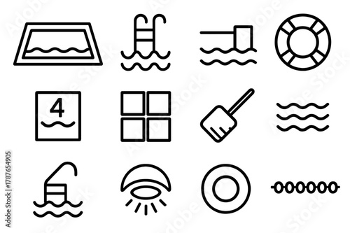 Swimming Pool Icons. Swimming Pool. Line icon set of Swimming Pool: rectangular pool, ladder, diving board, life ring, depth marker, pool tiles, skimmer net,