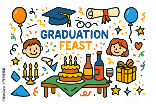 Graduation Celebration Doodle. Graduation feast. Colorful Hand-drawn doodle Children illustration Graduation feast cap, diploma, cake, confetti, glasses,