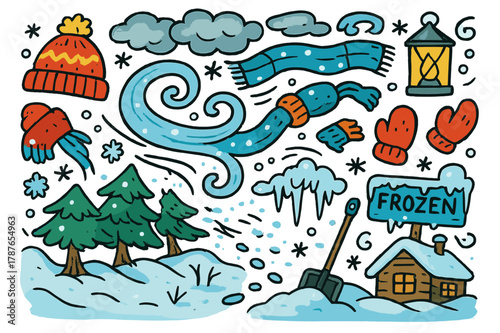 Whimsical Winter Wonderland. Snowstorm. Colorful Hand-drawn doodle Children illustration Snowstorm swirling snow, blowing wind, hat, scarf, mittens, trees