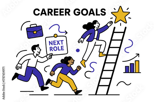 Career Vision Board. Vision Board ? Career Goals. A tidy ladder leans toward a glowing goal star; caption ?Next Role? pins to a card. Minimal briefcase and