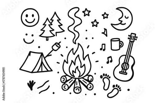 Campfire Doodle Elements. Campfire. Hand-drawn doodle illustration campfire logs, flames, sparks, marshmallow on stick, tent, trees, moon, stars, smoke lines,