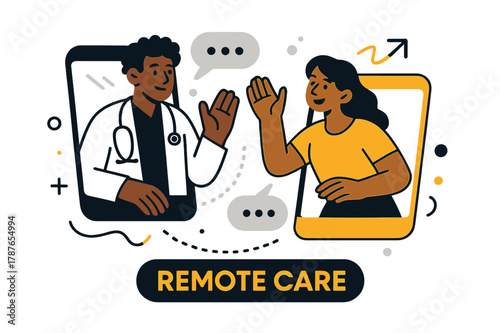 Remote Telemedicine Connection. Healthcare Tech ? Telemedicine. A doctor and patient appear on two screens joined by dotted connection lines; speech bubbles