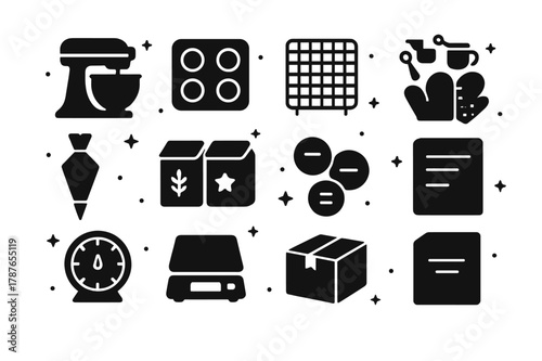 Home Baking Essentials. Home baking business setup. Solid icons set of Home baking business setup: stand mixer, baking tray, cooling rack, measuring cups,