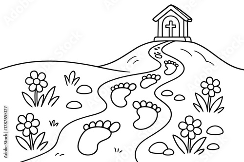 Footprints to Adventure. Footprints of the journey children?s coloring book illustration, outlined drawing, a trail of big friendly footprints leading past