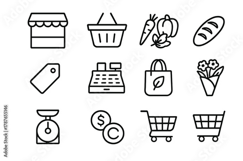 Market Icon Set. Market day. Line icon set of market day: vendor stall, shopping basket, fresh vegetables, fruits, bread loaf, price tag, cash register,