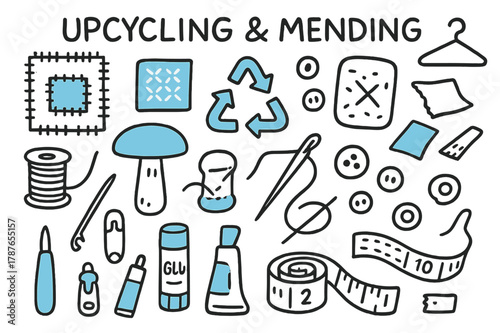 Upcycling Doodle Icons. // Upcycling & mending. Hand-drawn doodle illustration upcycling & mending [patchwork square (accented), visible mending sashiko