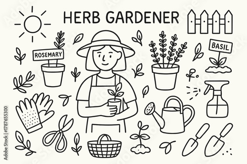 Herb Gardening Essentials. Herb gardener. Hand-drawn doodle illustration herb gardener pots, scissors, labels, herbs, watering can, gloves, basket, leaves,