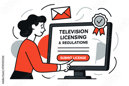 TV License Submission. Television licensing and regulations ? TV set registration. A digital form glows on-screen, with a small hand clicking ?SUBMIT LICENSE?.