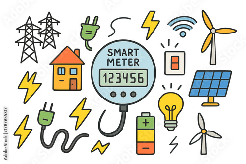 Smart Meters Doodle. smart meters. Colorful Hand-drawn doodle Children illustration smart meters electricity meter, digital display, power lines, house, plug,