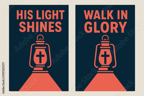 Shine and Glory Banners. Light of the World. Two vertical A6 banners with safe margins, centered composition, no elements touching edges, bold, navy and coral,
