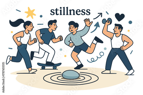 Dynamic Pebble Stillness. Pebble. A single smooth stone rests on rippled sand; soft concentric lines radiate outward. Caption ?stillness? hovers in delicate