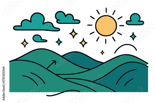 Tranquil Hillscape. Rolling hills. Scenic landscape with undulating green hills under blue sky, abstract floating clouds, sun, and sparkles; conveys