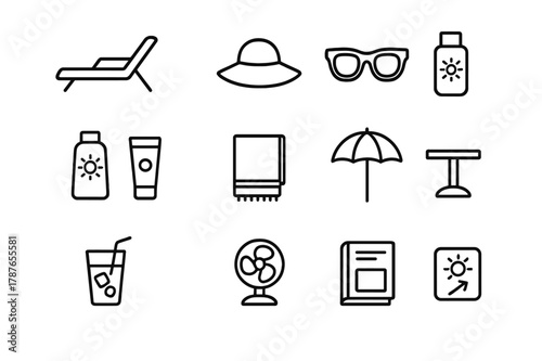 Sunbathing Essentials Icons. Sunbathing. Line icon set of Sunbathing: sun lounger, sun hat, sunglasses, sunscreen, tanning lotion, towel, parasol, side table,