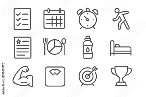 Fitness Icon Set. Fitness Routine. Line icon set of Fitness Routine: checklist, calendar, alarm clock, warm-up, workout plan, nutrition plate, hydration