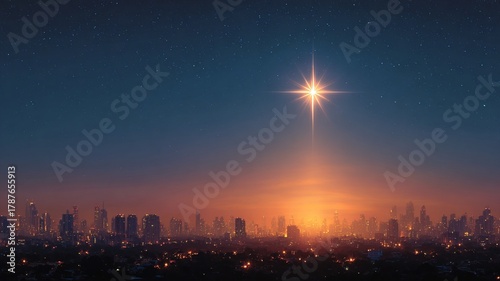 Bright Christmas christian star shining over a glowing city skyline at night. Symbol of hope, faith, and holiday spirit. Perfect for Christmas cards, nativity, and festive design themes.