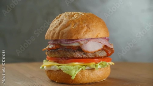 Isolated hamburger rotates on table wood background, and french fries rotating