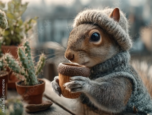 Squirrel in a tiny hoodie drinking from an acorn cup on a city balcony with plants