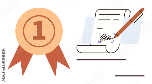 Golden award ribbon beside signed document and pen representing accomplishment, recognition, and certification. Ideal for success, achievement, learning, award, contract, approval endorsement