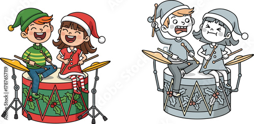 Cute boy and girl wearing Christmas clothes playing drums together with joyful expressions, festive holiday music cartoon illustration vector art.