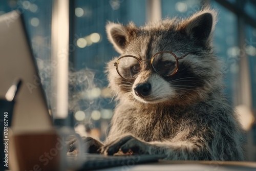 Raccoon wearing glasses typing on laptop at minimalist desk in bright modern office